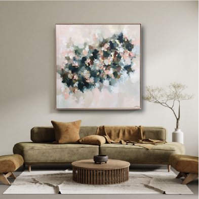 Living room with a large abstract painting above a sofa