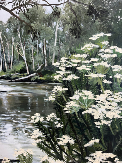 The Yarra, A landscape painting depicting a river flowing past a dense cluster of white flowers in the foreground, with a forest of tall, slender trees in the background.