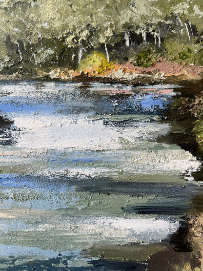Warrandyte on the River, Impressionistic landscape painting of a river or stream with textured brushstrokes in blue, white, gray, green, and brown tones, with trees along the far bank.