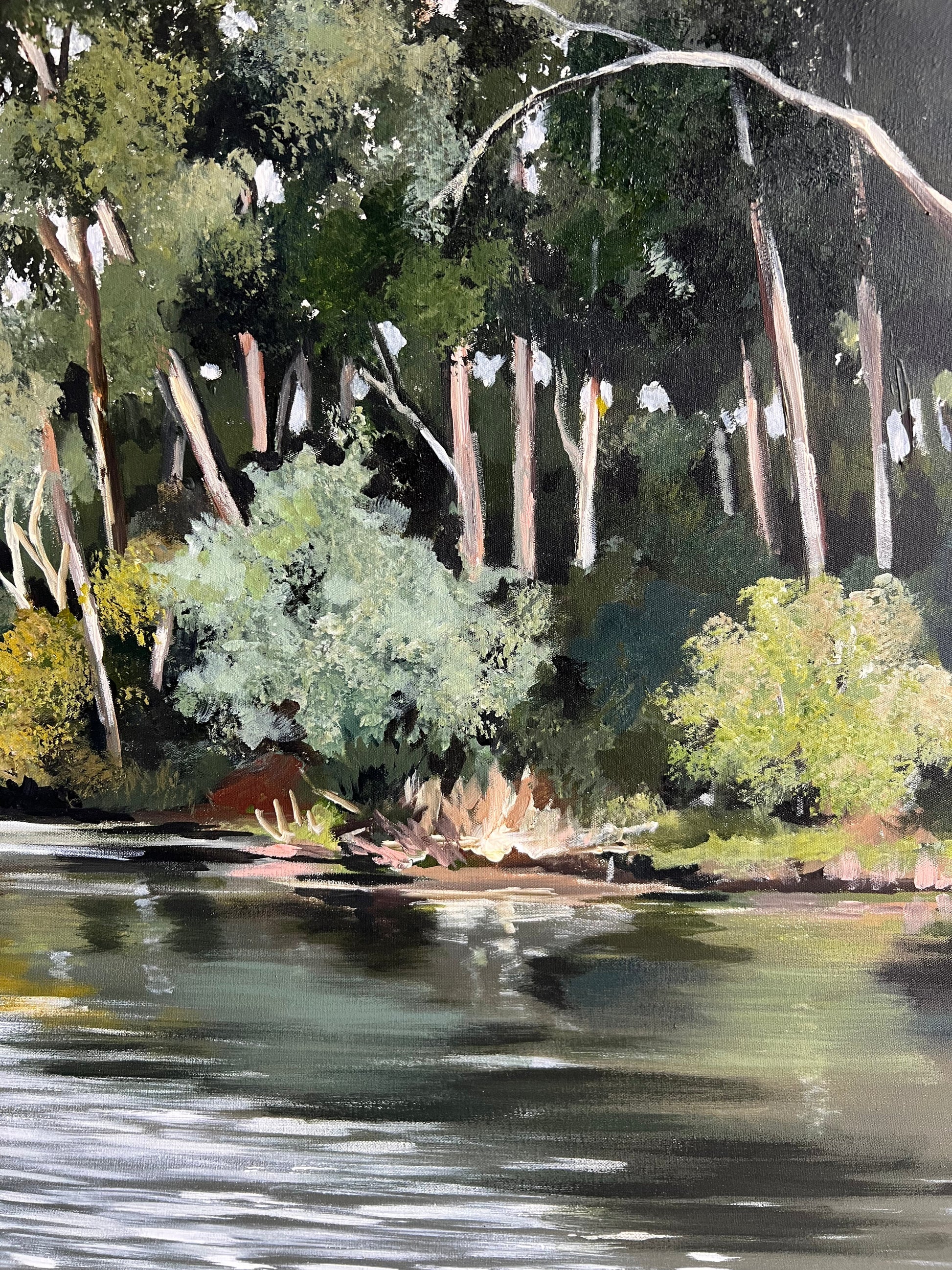 The Yarra #2, An impressionistic landscape painting of a riverbank with tall slender trees, green and light green foliage, and reflective water in the foreground.