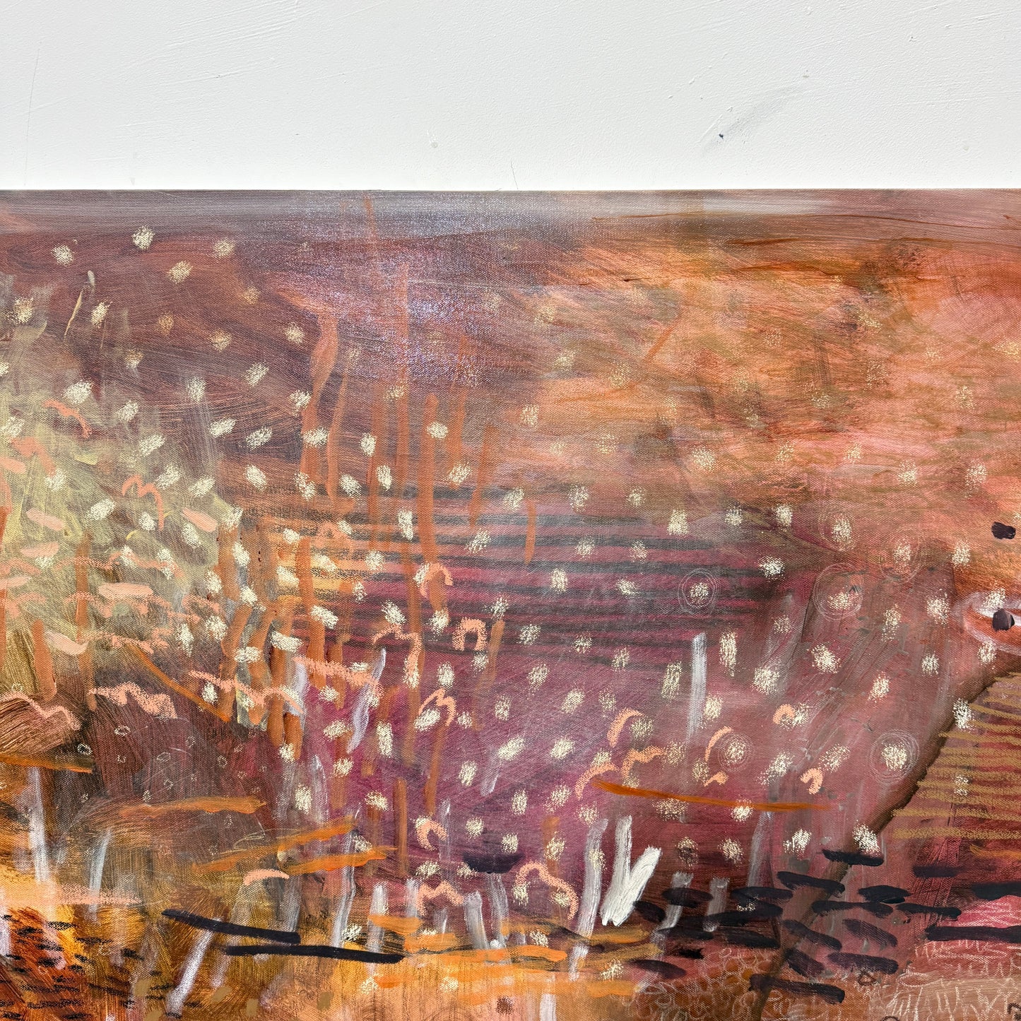 JWG Abstract painting with brown, orange, and pink hues on a white background