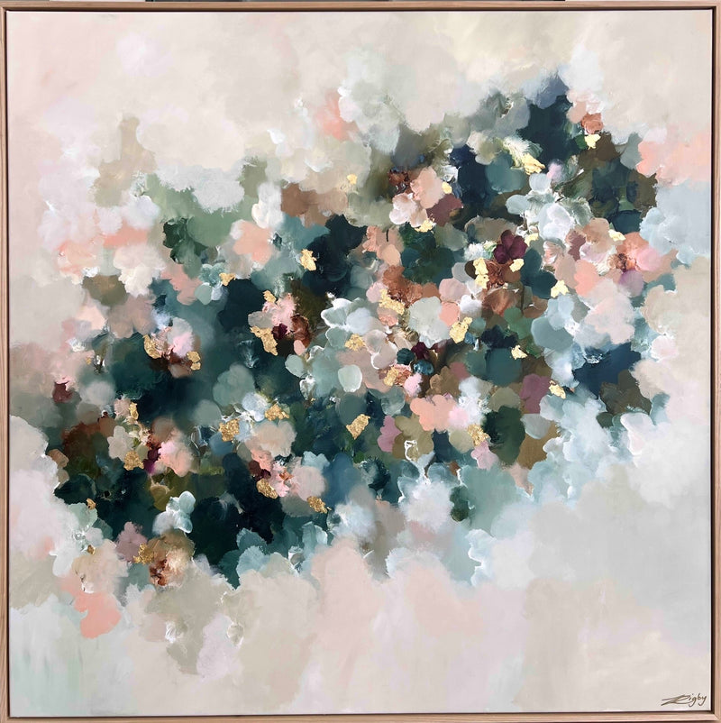 Abstract painting with soft pastel colors and a gold frame.