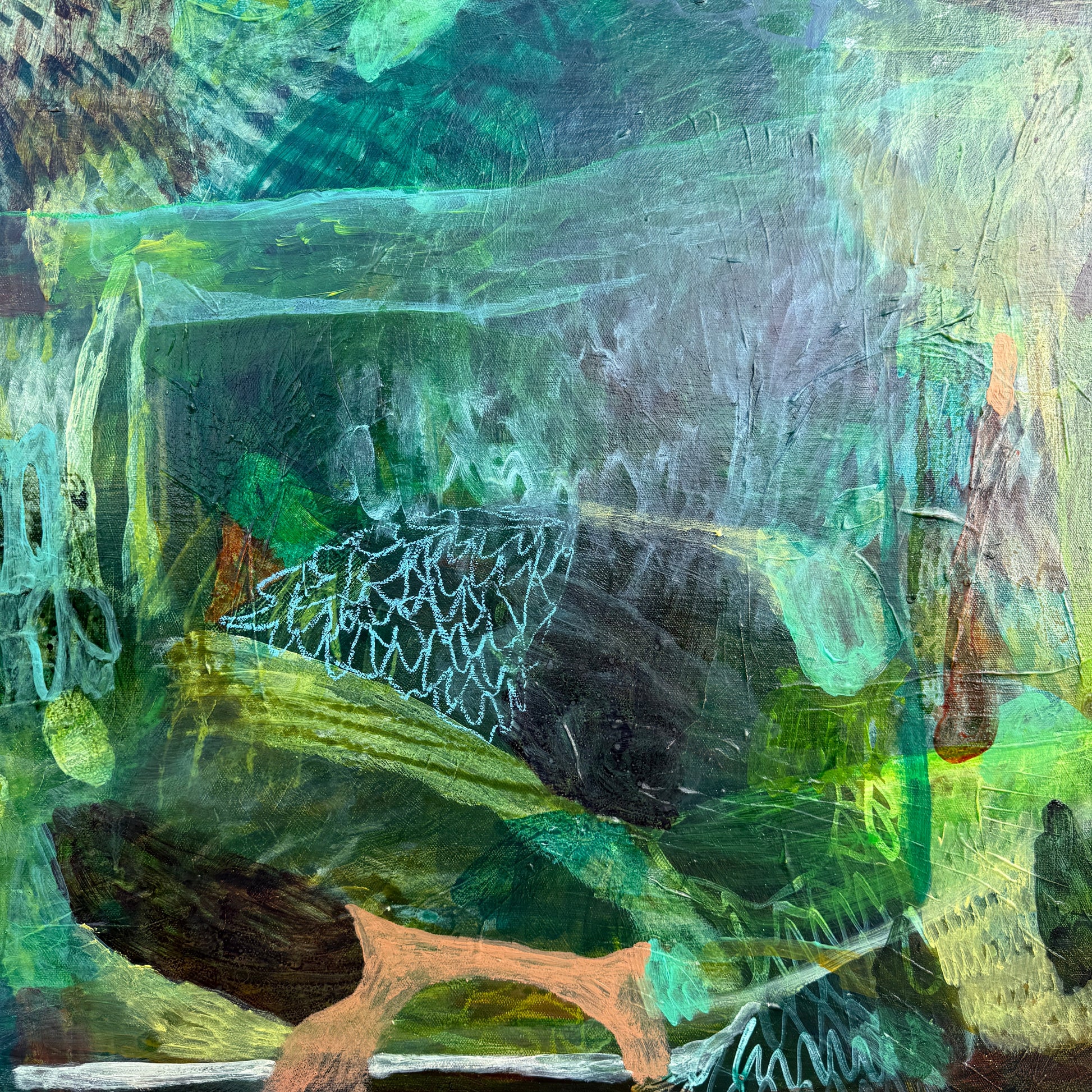 JWG Abstract mixed-media painting featuring a layered composition of green, teal, navy, brown, and beige brushstrokes with organic, textured forms.