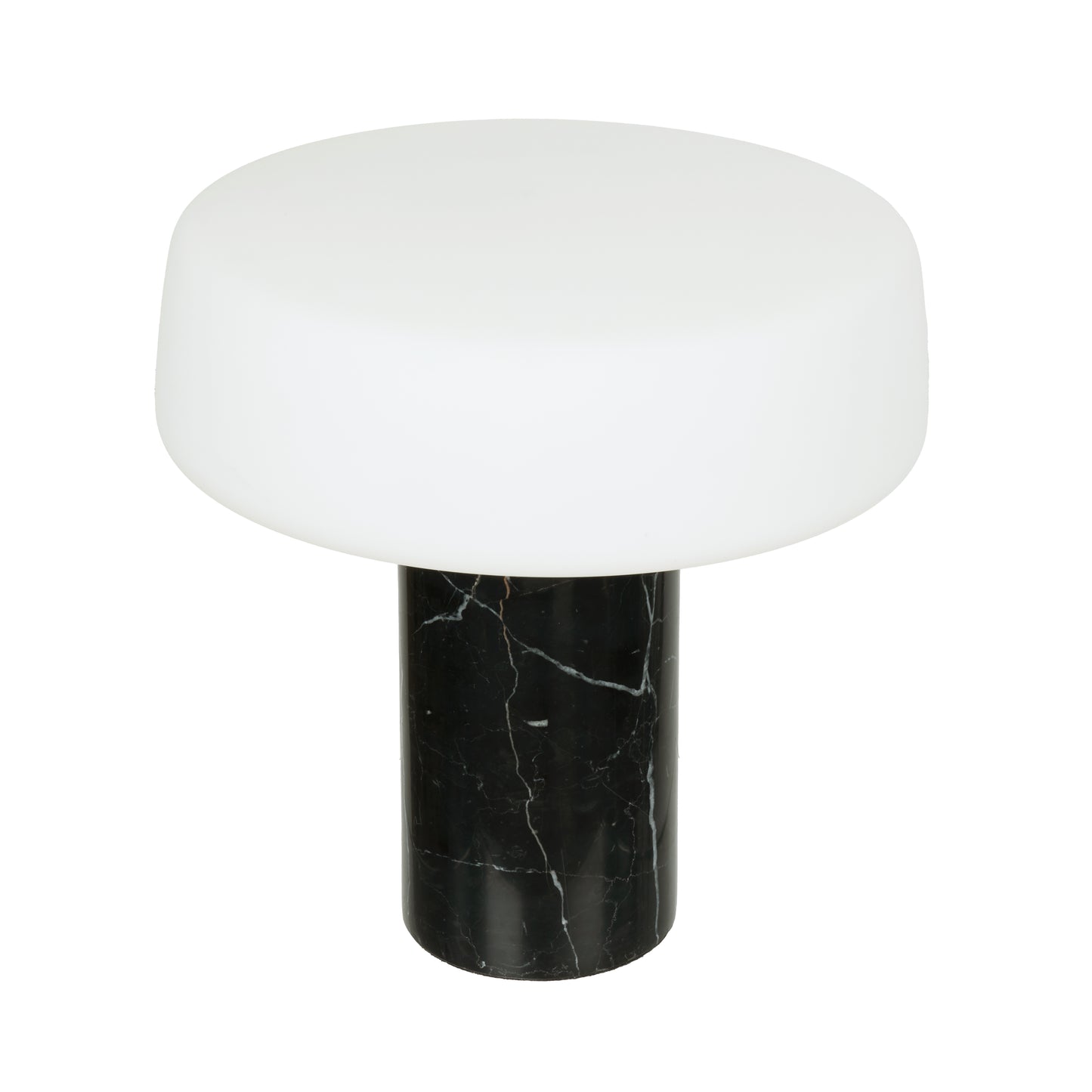 Table lamp with white shade and black marble base on a white background