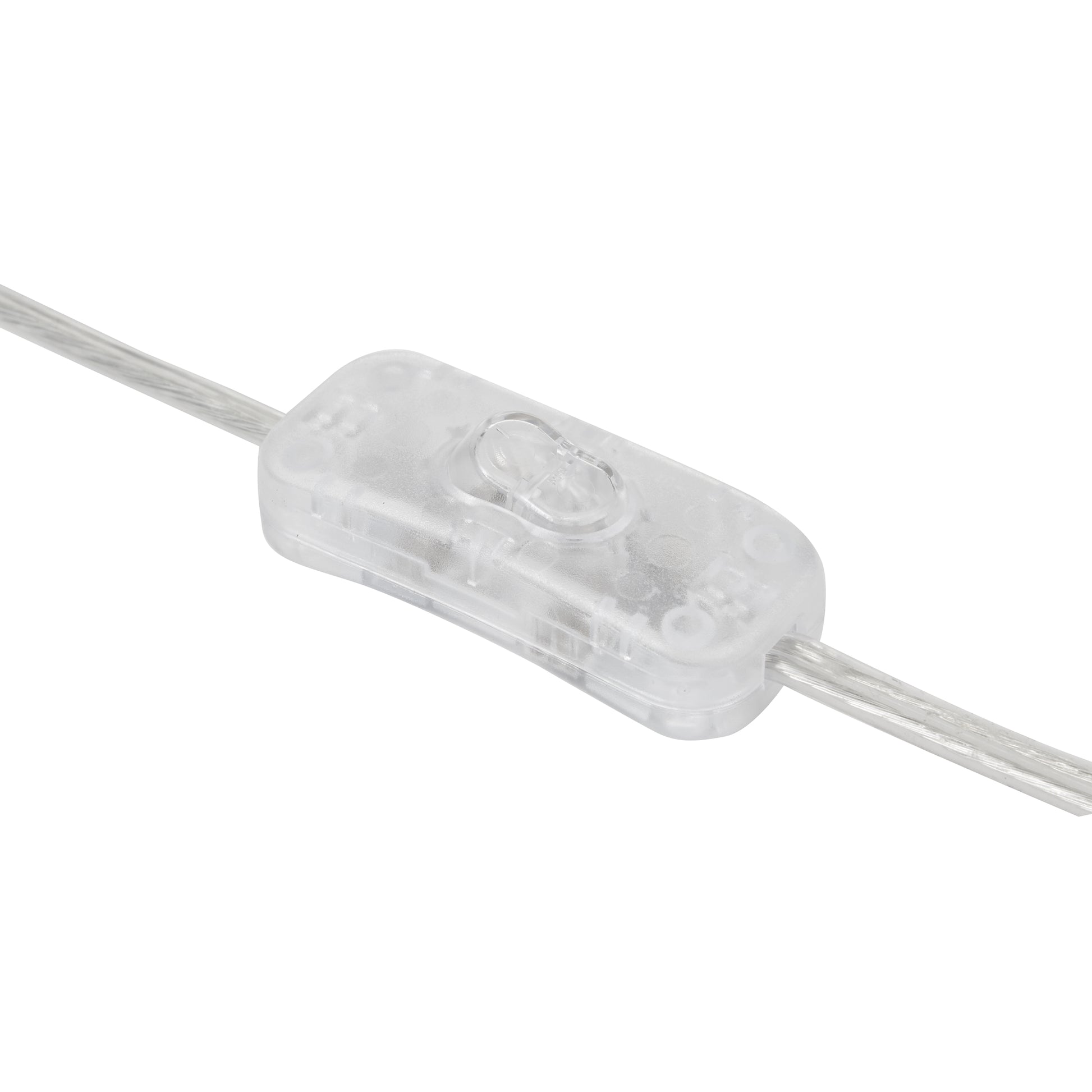 Clear LED light strip connector on a white background