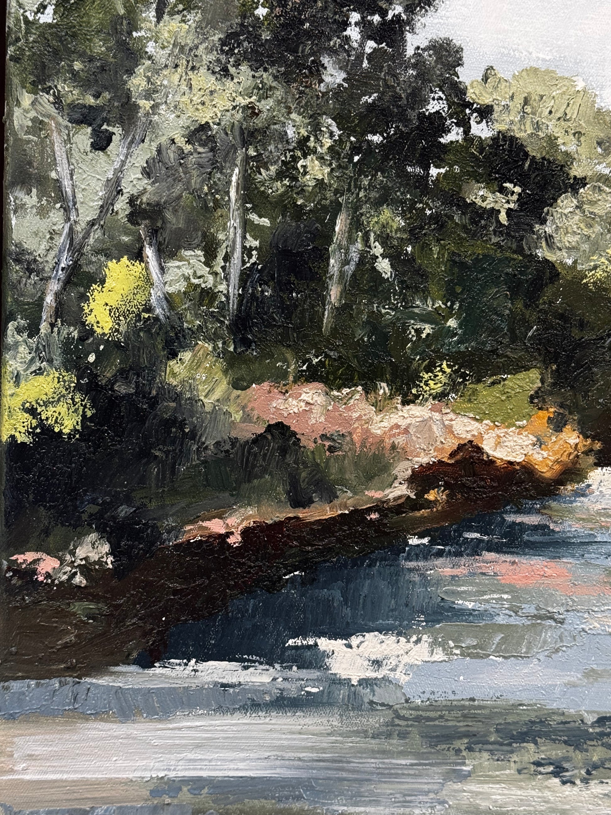 Painting of a forest scene with a fallen log and trees.