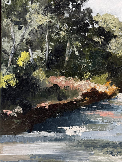 Painting of a forest scene with a fallen log and trees.