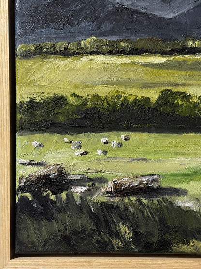 Painting of a landscape with green fields, trees, and a dark sky.