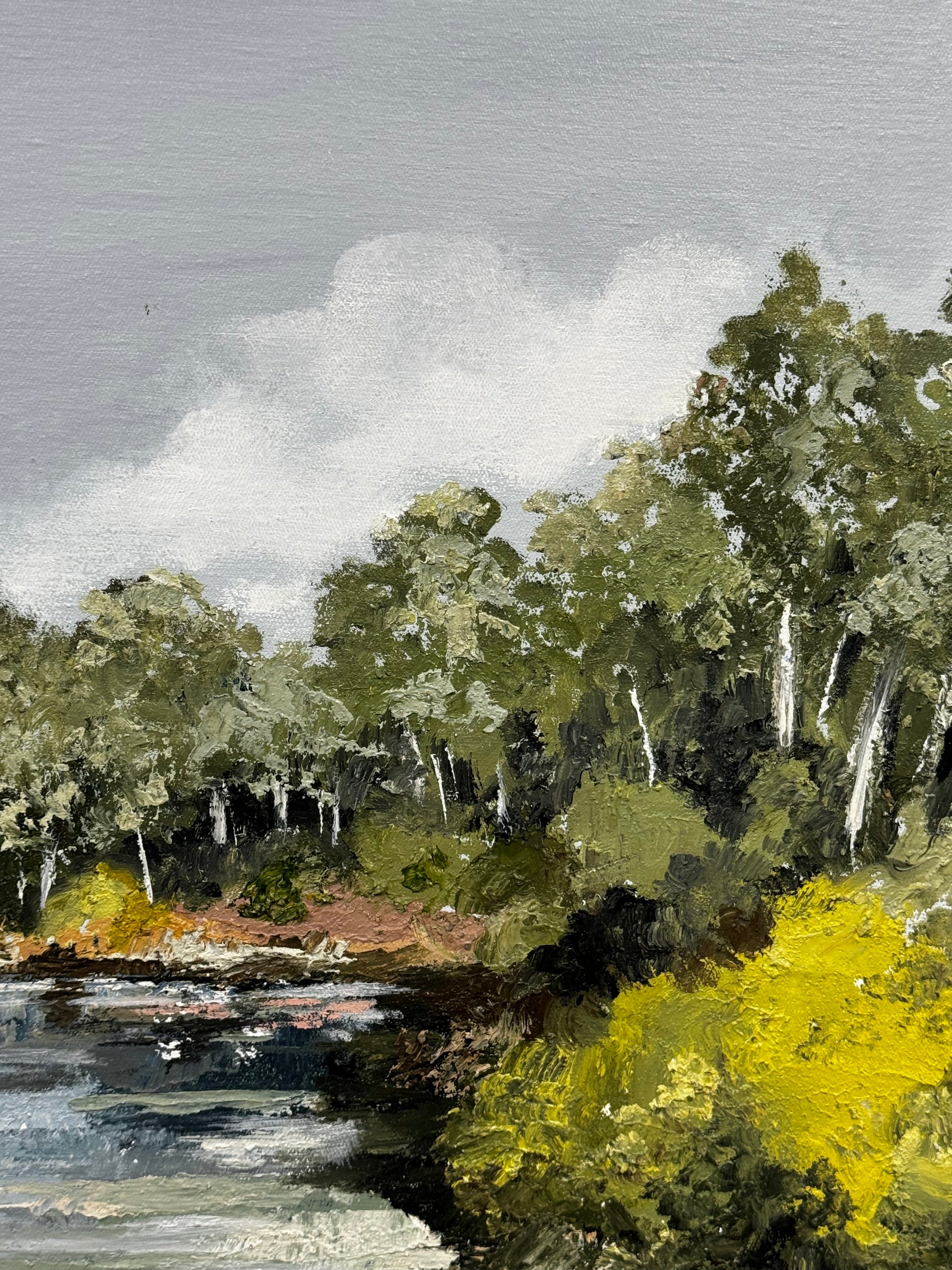 Painting of a forest scene with trees and water