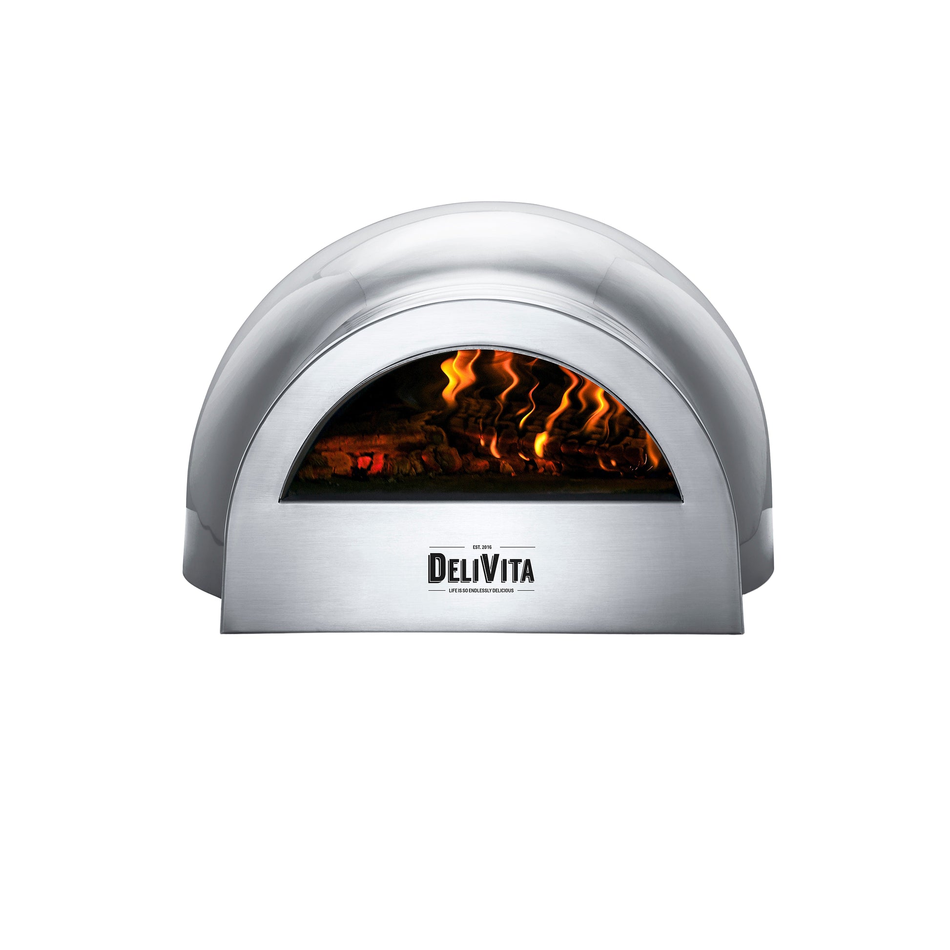 Delivita pizza oven with visible flames inside on a white background