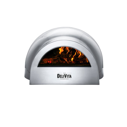 Delivita pizza oven with visible flames inside on a white background
