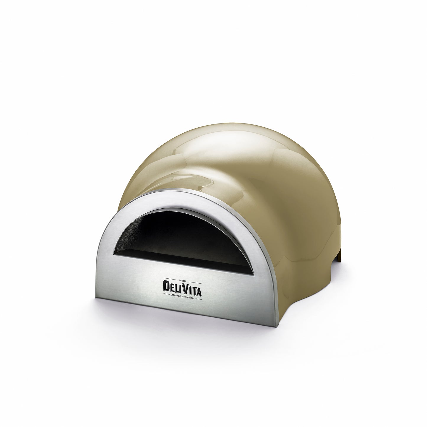 Olive and silver DelVita pizza oven on a white background