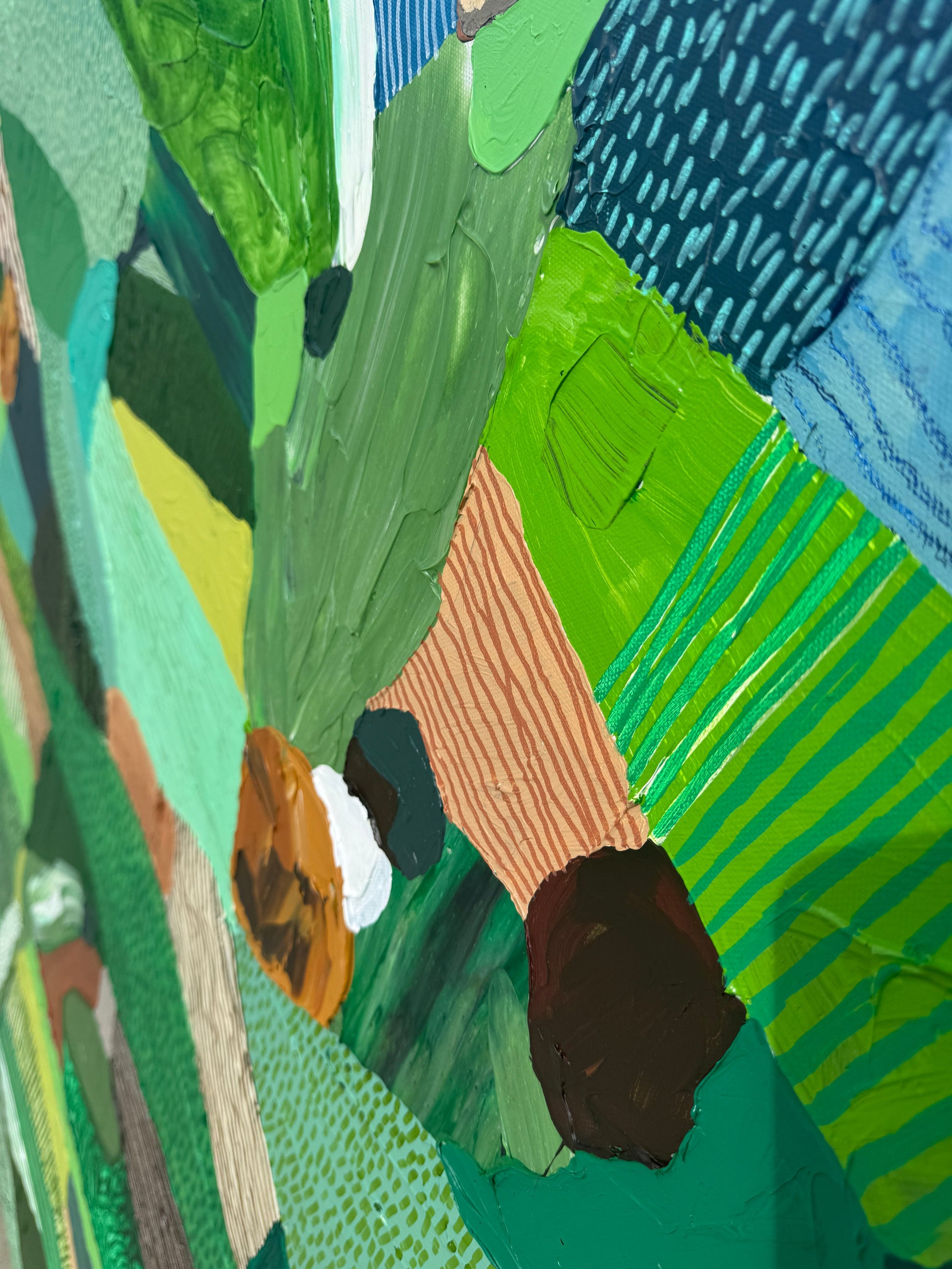 JWG Abstract art with a mix of green, blue, brown, and black colors.