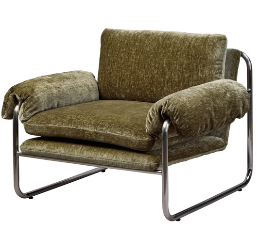 A mid-century modern lounge chair with plush olive green velvet upholstery and a curved chrome metal frame, shown against a plain white background.