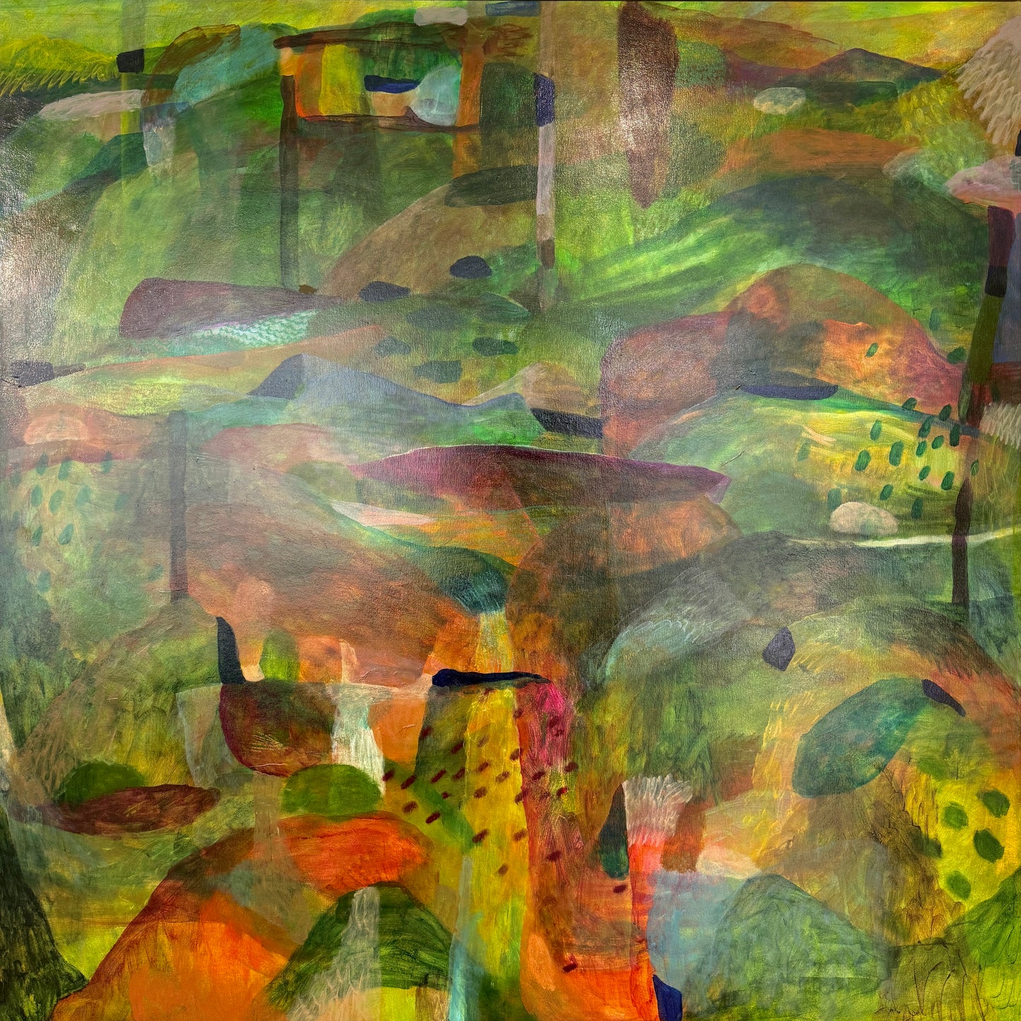 An abstract landscape painting featuring layered hills and fields in rich shades of green, yellow, orange, brown, and touches of purple and white.