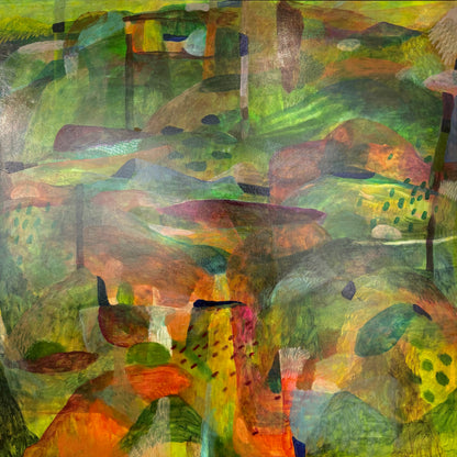 An abstract landscape painting featuring layered hills and fields in rich shades of green, yellow, orange, brown, and touches of purple and white.