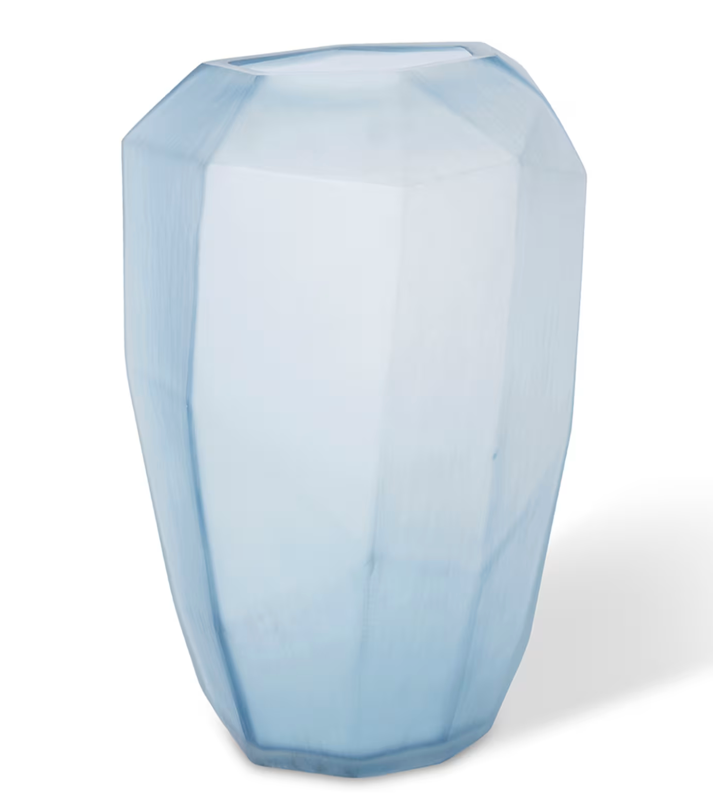 Blue glass vase with a faceted design on a white background