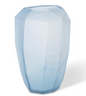 Blue glass vase with a faceted design on a white background