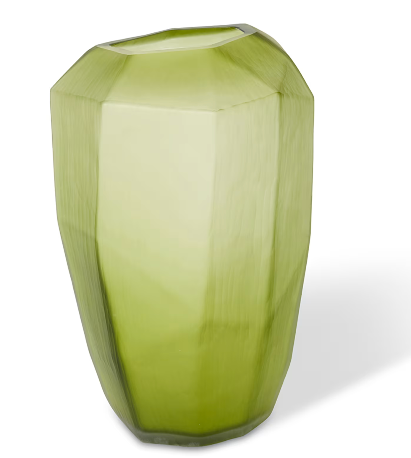 Green glass vase with a faceted design on a white background